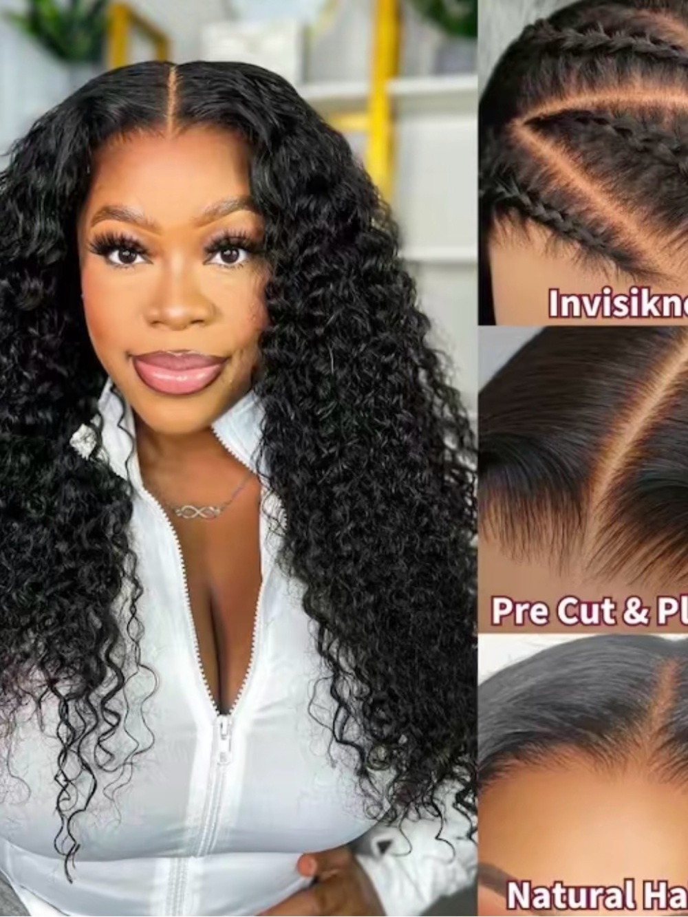 Black Curly Human Hair Wig - Invisible Parting, Pre-Cut Lace